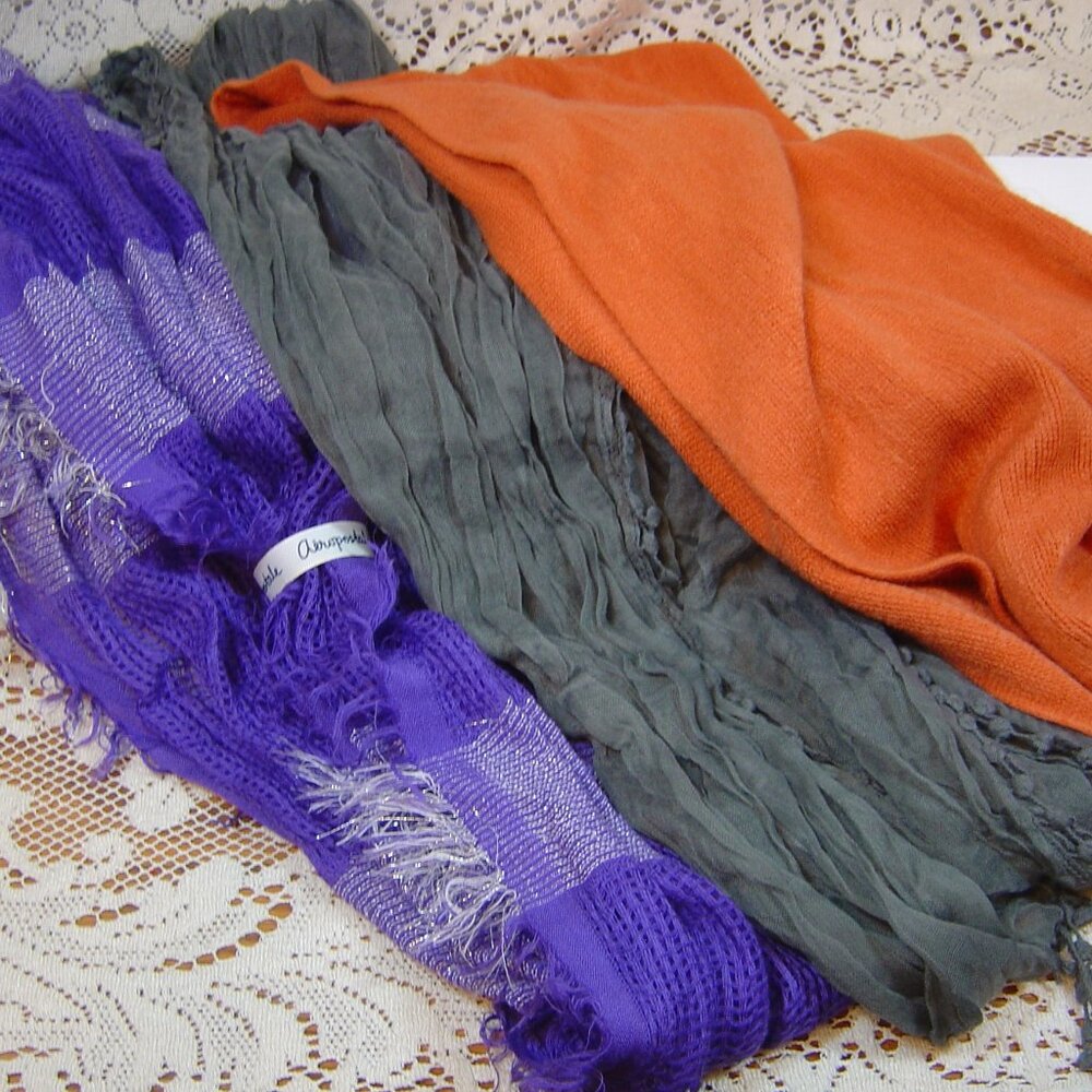 Lot of 3 ladies' scarves--one is NWT-purple, gray & pumpkin colored